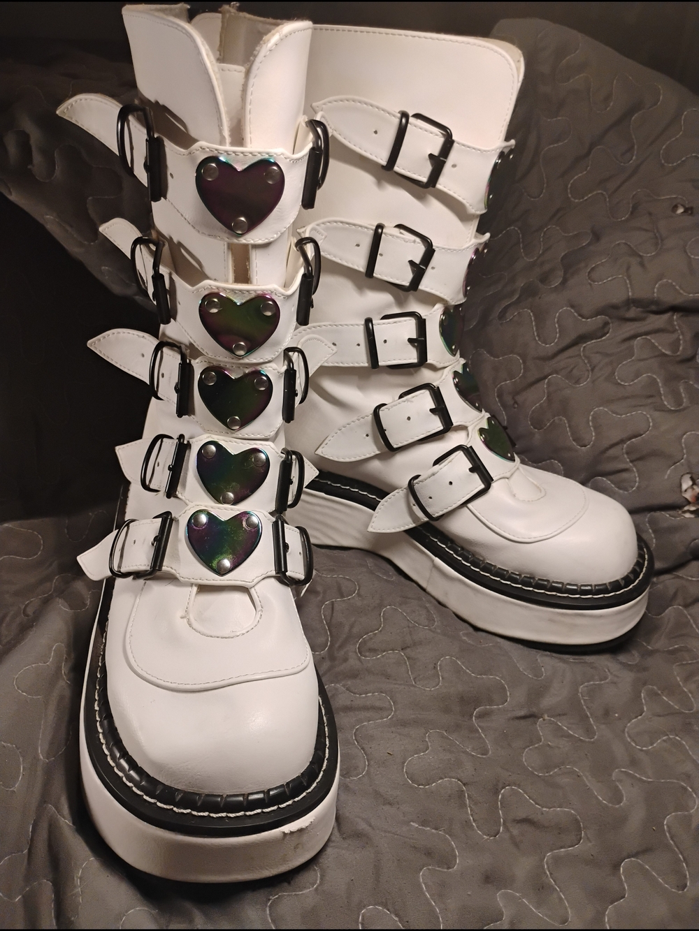 White "Emily" Platform Heart-Detail Vegan Leather Strap Boots for Women Size 9